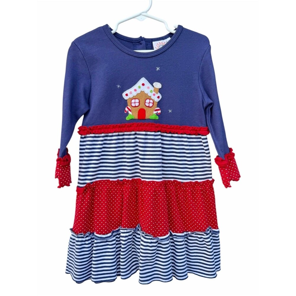 Luigi Kids Girls Dress 4T Navy Red Gingerbread Christmas Holiday Striped Festive